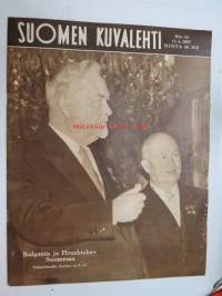 Suomen Kuvalehti 1957 nr 24, ilmestynyt 15.6.1957, sis. mm. seur. artikkelit / kuvat / mainokset; Kansikuva Bulganin & Hrutsev Suomessa, Jaguar-polkupyörä,