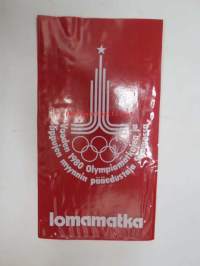 Matkatoimisto Lomamatka - vuoden 1980 Moskovan olympiakisojen logolla varustettu matkalippujen muovikotelo