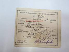 Suomen Valtionrautatiet - Finska Statsjernvägarne nr 22/262 Kesä / Sairaus Vapaapiletti / fribiljett i  2 luokassa / klass Insinööri V. Laurinen 27.4.1911