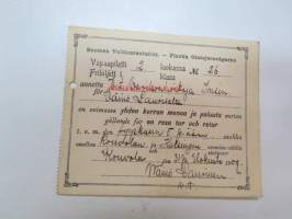 Suomen Valtionrautatiet - Finska Statsjernvägarne nr 26 Vapaapiletti / fribiljett i  2 luokassa / klass Insinööri V. Laurinen 31.8.1909