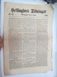 Helsingfors Tidningar, onsdaden 9.6.1858, innehåller bl. a. följande artiklar / annonser; Resande - Kyrkoherden Durchman med fru från Ruovesi - Häradsskrivaren