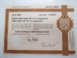 Suomen valtion vuoden 1977 11 %:n obligaatiolaina Litt. B 1 000,00 mk nr 010270 -Finnish government bond