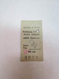Valtionrautatiet VR - Luokka 2 - Pikajunan lisälippu AERO Turku-Åbo 40 / 50 mk nr 2273, taustalle merkitty kynällä 10.6.1957 -train ticket