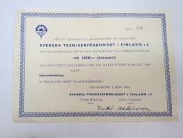 För att bidraga till anskaffandet av lokal för Svenska Teknikerförbundet i Finland r.f. har innehavaren av detta kort överlämnat till nämnda förbund mk 1