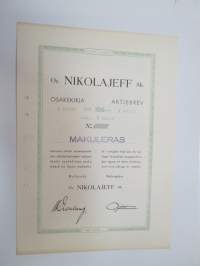 Oy Nikolajeff Ab 1 osake / aktie 100 mk, Helsinki 1940 -osakekirja / share certificate