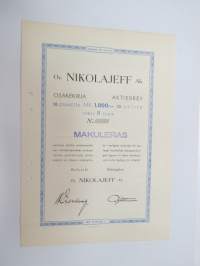 Oy Nikolajeff Ab 10 osaketta / aktier 1 000 mk, Helsinki 1940 -osakekirja / share certificate