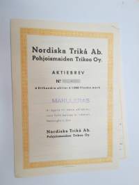 Nordiska Trikå Ab - Pohjoismaiden Trikoo Oy, Etthundra aktier á 1 000 mk, Helsinki -osakekirja / share certificate