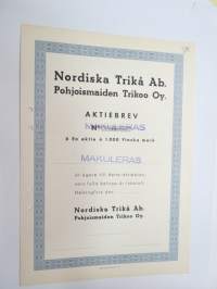 Nordiska Trikå Ab - Pohjoismaiden Trikoo Oy, En aktie 1 000 mk, Helsinki -osakekirja / share certificate