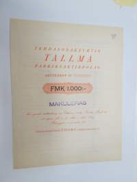 Tehdasosakeyhtiö Tallma Fabriksaktiebolag, 1 000 mk, Helsingfors 1936 -osakekirja / share certificate