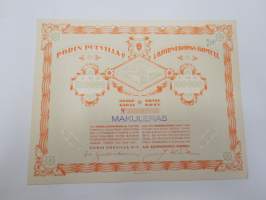 Porin Puuvilla Oy - Ab Björneborgs Bomull, 100 000 mk - 100 osaketta, Pori 1940 -osakekirja / share certificate