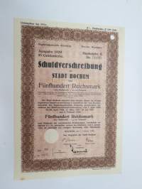 Schuldverschreibung der Stadt Bochum 1929 8% Goldanleihe 500 Reichsmark -velkakirja / loan certificate