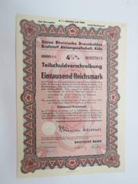 Union Rheinische Braunkohlen Kraftstoff AG, Köln 1 000 Reichsmark 4,5% Teilschuldverschreibung nr 057013 -velkakirja / loan certificate