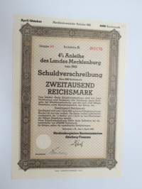 4% Anleihe des Landes Mecklenburg von 1942 Nr A 0176 Schuldverschreibung 2 000 Reichsmark -velkakirja / loan certificate
