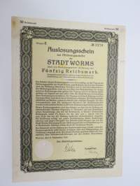 Auslosungsschein zur Ablösungsanleihe der Stadt Worms 50 Reichsmark Nr 1276 1929 -velkakirja / loan certificate