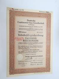 Deutsche Continental-Gas-Gesellschaft zu Dessau 25 000 000 Reichsmark 4 / 5% Anleihe / 1 000 Rm nr 12425 Teilschuldverschreibung 1937 -velkakirja / loan certificate