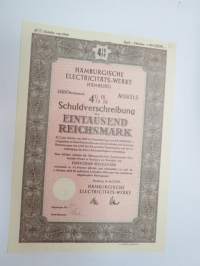 Hamburgische Electricitäts-Werke Hamburg, 1 000 Reichsmark 4,5% Schuldverschreibung 1940 -velkakirja / loan certificate