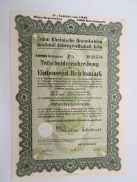 Union Rheinische Braunkohlen Kraftstoff AG, Köln 1 000 Rm 4% Teilschuldverschreibung Nr 20570, 1942 -velkakirja / loan certificate