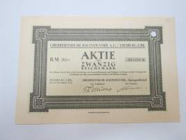 Oberrheinische Bauindustrie A.G. / Freiburg Aktie über 20 Rm nr 11470, 1924 -osakekirja / share certificate