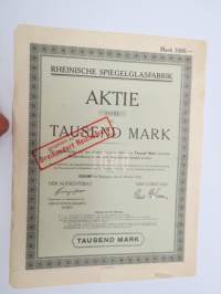 Rheinische Spiegelglassfabrik Aktie nr 10181 zu 1 000 Rm, 1924 -osakekirja / share certificate