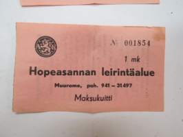 Hopeasannan leirintäalue - Muurame -maksukuitti nr 001854 1 mk / camp site fee