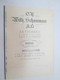 Oy Wilh. Schauman Ab, Jyväskylä 1937, Litt. A 1 000 mk -osakekirja - share certificate