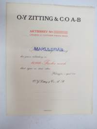 Oy Zitting & Co Ab, Helsinki, 1925, 10 000 mk -osakekirja - share certificate