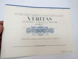 Återförsäkringsaktiebolaget Veritas, Åbo 1941, 1 aktie á 500 mk Litt. D -osakekirja / share certificate