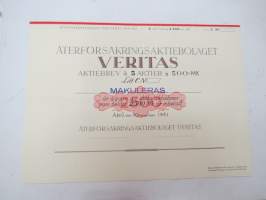 Återförsäkringsaktiebolaget Veritas, Åbo 1941, 5 aktier á 500 mk, 2 500 mk, Litt. C -osakekirja / share certificate