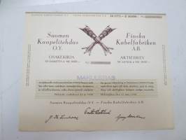 Suomen Kaapelitehdas Oy - Finska Kabelfabriken A.B., Helsinki 1946, 50 osaketta - 50 aktier á 1 000 mk = 50 000 mk -osakekirja / share certificate