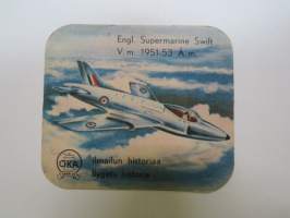 OKA - Ilmailun historiaa / Flygets historia - Supermarine Swift -keräilykortti, kahvipaketissa ollut, kahvipakettikortti -coffee package collectible card