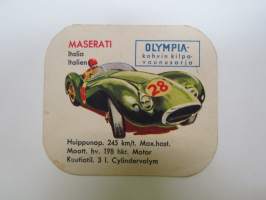Olympiakahvi kilpavaunusarja - Maserati -keräilykortti, kahvipaketissa ollut, kahvipakettikortti -coffee package collectible card