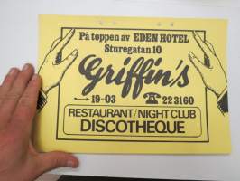 På toppen av Eden Hotel - Sturegatan 10 - Griffin´s Restaurant / Night Club Discotheque -reklam / mainos - ad