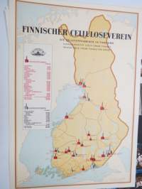 Finnischer Celluloseverein - Die Zellstofffabriken in Finland 1956 -kartta, saksankielinen - map in german