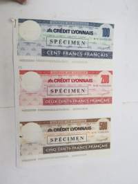 Crédit Lyonnais - Chéque de Voyage -Spécimen -3 kpl matkashekkien malleja -traveller´s cheques - specimen models