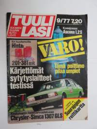 Tuulilasi 1977 nr 9, sis. mm. seur. artikkelit / kuvat / mainokset; Kansikuva & Kestotestin loppuarvostelu Chrysler-Simca 1308 GLS, Ruoste pois ilman myrkkyjä,