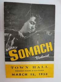 Beverly Somach, violinist (Artur Balsam at the piano), Town Hall, New York, concert ad -konsertin mainos