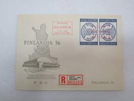 Finlandia 56 kansainvälinen postimerkkinäyttely 7.7.1956 FDC + kirjattu, kulkematon ensipäivänkuori -FDC cover