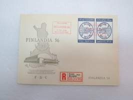 Finlandia 56 kansainvälinen postimerkkinäyttely 7.7.1956 FDC + kirjattu, kulkematon ensipäivänkuori -FDC cover