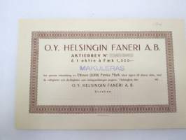 Oy Helsingin Faneri Ab, Helsinki 193?, 1 000 mk -osakekirja -share certificate