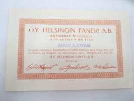 Oy Helsingin Faneri Ab, Helsinki 193?, 25 osaketta á 1 000 mk, 25 000 mk -osakekirja -share certificate