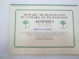 Trävaru Ab Th. Hansson Puutavara Oy Th. Hansson, 10 aktier á 25 000 mk 250 000 mk -osakekirja -share certificate