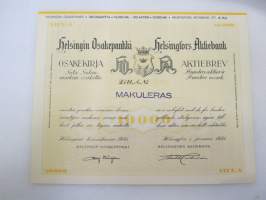 Helsingin Osakepankki, Helsinki 1951, Sata Sadan markan osaketta Litt. A.10 000 mk Hundra aktier ´a Hundra mark -osakekirja -share certificate