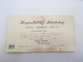 Högvalla Aktiebolaget, Karis, Karjaa 1920, Aktiebrev nr 820 Fmk 100, Konsul Albert Vilén -osakekirja / share certificate
