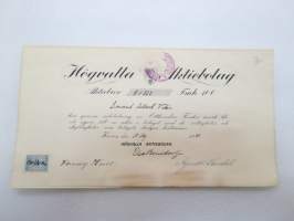 Högvalla Aktiebolaget, Karis, Karjaa 1920, Aktiebrev nr 822 Fmk 100, Konsul Albert Vilén -osakekirja / share certificate