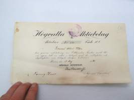 Högvalla Aktiebolaget, Karis, Karjaa 1920, Aktiebrev nr 824 Fmk 100, Konsul Albert Vilén -osakekirja / share certificate