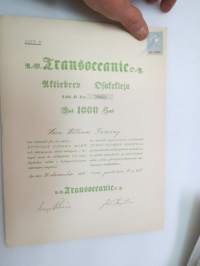 Ab Transoceanic Oy, Aktiebrev - Osakekirja, Litt. B nr 2060, Fmk 1 000 Smk, Herr William Ramsay, Åbo 31.12.1918 -osakekirja / share certificate