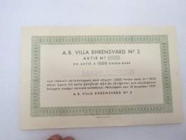 A.B. Villa Ehrensvärd nr 3, Helsinki 1937, en aktie á 1000 finska mark -aktiebrev / osakekirja / share certificate