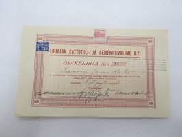 Loimaan Kattotiili- ja Sementtivalimo Oy, Loimaa 1936, 500 mk, Tauno Hartio, nr 58 -osakekirja / share certificate