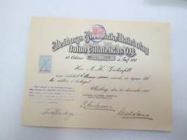 Oulun Villatehdas Oy - Uleåborgs Yllefabrik Ab, Oulu, 21.12.1918, 10 aktier nr 1221-1230 á Fmk 100, Herr A.K. Grotenfelt -osakekirja / share certificate