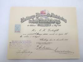 Oulun Villatehdas Oy - Uleåborgs Yllefabrik Ab, Oulu, 21.12.1918, 10 aktier nr 1201-1210 á Fmk 100, Herr A.K. Grotenfelt -osakekirja / share certificate